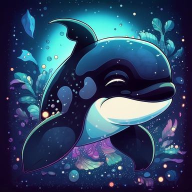 Baby ORCA for children, in the sea, walt disney style, 4k, quality, detailed, clipart, clipart, sticker, cute, pastel colors, smile, only black outline, high contrast, cartoon style illustration, illustration for a children's book, space background, stars, nebula