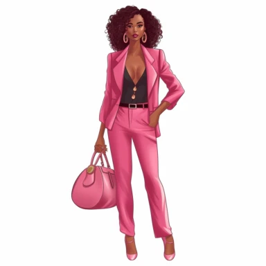 Professional black woman pink pants suit, facing camera, very fashionable, happy, confident, carrying small designer handbag, wearing high heels and bold jewelry. Illustration style, clip art