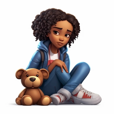 3D toy of a young happy black girl sitting down hugging a teddy bear in the style of boondocks in the style of marvel comics cartoon with white background can't believe how beautiful this is clipart, graphic vector, isolated on white background