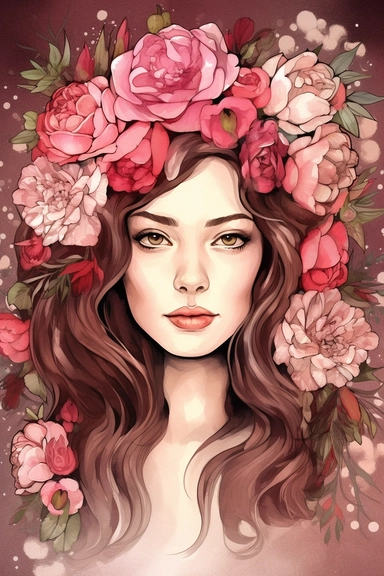 portret of a beautiful woman, brown hair, dressed in peonies floral headdress, freckles, style by Lusy Fleming, folk art, watercolor, clipart elements, smooth gradients, black contour outline, ultra detailed, colorul background, super clear, high quality