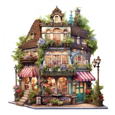 a very cute toy shop with lots of toys , clipart, exterior view, cozy, flowers, luminious, dramatic lighting, super detailed, daytime, Thomas Kinkade style, watercolor, 8k, on isolated white background