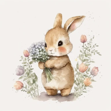 Little bunny holding flowers, clipart, High Quality, white background, Watercolor
