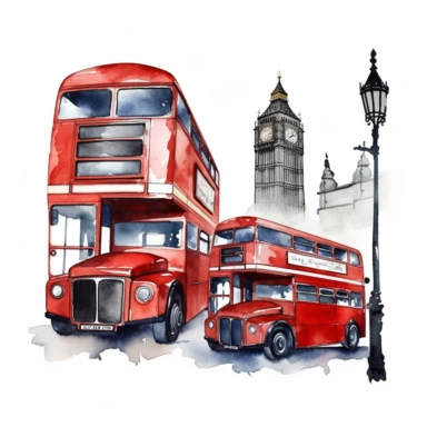Watercolor Clipart of a Union Jack flag, a London Red telephone box, a London black taxi, a London Double-decker bus, Minimalist Watercolor, Separated design, white background