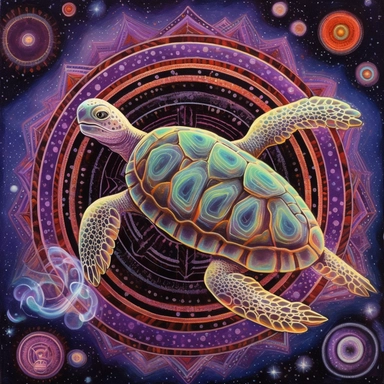 A oil painting of a turtle clipart with a surreal and fantastical design, floating in a starry sky with planets and comets. The turtle has a large body, a long neck, four wings, and a spiral tail. Its shell is covered with intricate patterns and symbols in glowing colors. The background is a dark purple sky, creating a contrast with the turtle’s luminous appearance. The painting has a magical and mysterious style, with an imaginative use of elements and colors. The perspective is from below, cre