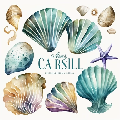 This Seashell Clipart Collection features a stunning array of watercolor images of seashells, perfect for creating stunning beach-themed designs. The collection includes a variety of seashell types, such as conch shells, sand dollars, scallop shells, clam shells, and many others. Vector, on a white background