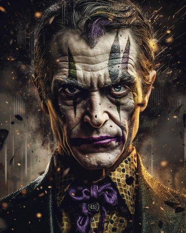 Digital art, Extreme Closeup of Joker with gold makeup and black hair, in the style of dadaist photomontage, octane render, kintsugi, devilcore, raw character, dark silver and gold, sony alpha a7 iii. Wearing a gold suit with black accents, a purple shirt