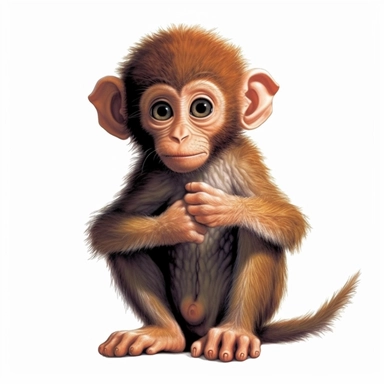 a sharp Illustration of a cute baby monkey against white background, fairytail style, cartoonish style, highly realistic, white background, clipart, PNG pure white background, high resolution, hyper detailed, best quality, high detailed illustration