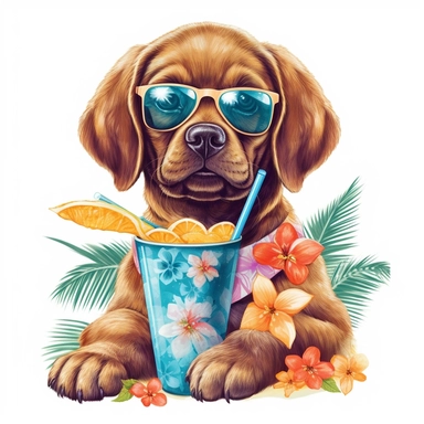 Imagine a cheerful clipart puppy wearing sunglasses and a Hawaiian shirt, lounging on a beach towel with a tropical drink in its paw, enjoying a sunny day on a clean white background.