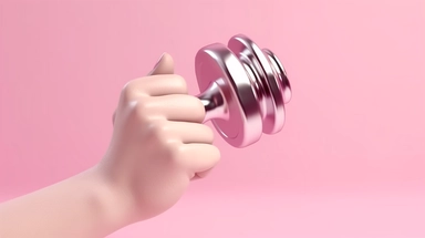 3d render cartoon hand holds heavy metal dumbbell, sport motivation clip art isolated on pink background. Physical activity power lifting at home, indoor fitness exercise routine, Bright color, ultra realistic
