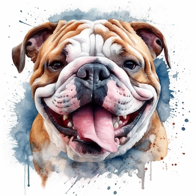 a moving Bulldog, happy smiling face, cute animal, adorable, playful atitude, adorable watercolor animal clipart, no background, high quality and very sharp image with clear focus