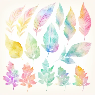 soft colorful neon pastel colored big leaves and flowers clipart set, colorful fairy pastel colors watercolor style, plain white background, use of fabric, intricate depth of shading in soft watercolor style, watercolor--v 4