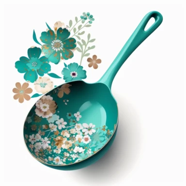 teal,ladle,with floral,clipart,whitebackground