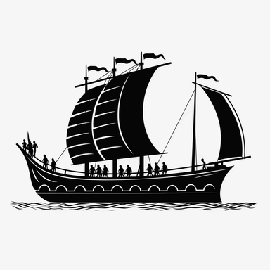 Create a detailed, silhouette of a Trireme, an iconic ancient Greek warship. The clipart should be devoid of any shades of gray, silhouette only, focusing solely on the stark contrast between black and white. The silhouette should capture the distinct shape and features of the Trireme, while maintaining a high level of intricacy and accuracy. The image should be presented with a clean white border, providing a defined frame around the artwork. Ensure that the illustration is not cropped, allowin