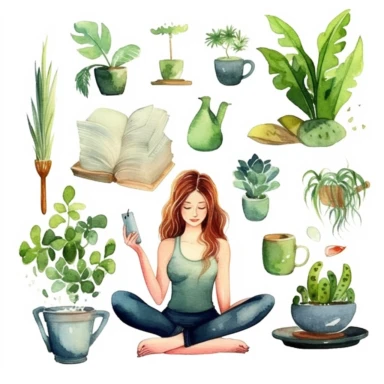 a set of high quality hand painted magical themed watercolour Yoga transparent clipart which includes illustrations of exercising women, fresh green plants, mindful lifestyle elements and others, modernistic design, fun mood, stylish, magazine style ad, ultra high quality. 8K