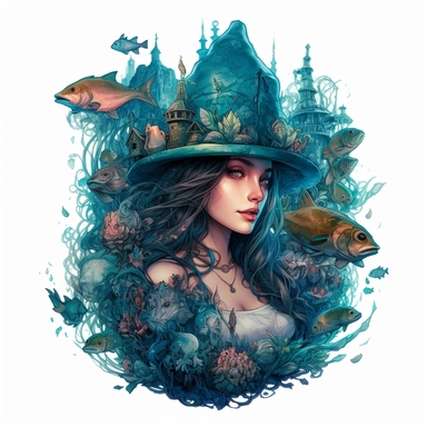 blue green which elf mermaid pretty woman with which hat surrounded by water in fish in the style of floral surrealism, twinkling fairy lights, castle and bats, crowcore, frostpunk, steampunk, detailed character illustrations, detailed comic book art, luminosity of water, hyper realistic, isolated white background, 8k, ultra detailed clipart, uplighted