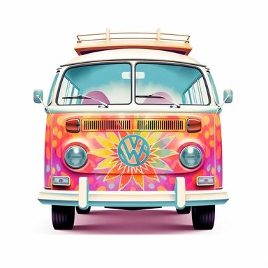 clipart of front view of a VW van from 1975 with groovy images, white background, groovy style, pink, orange, aqua colors