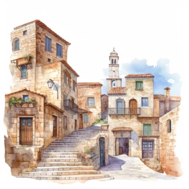 watercolor mardin town in turkiye, illustrations clipart set, simple, , cartoon elements ,different variants , historic stone houses,historic buildings, cobblestone lanes, tone facades of the buildings, Mardin's stone Alleyways separate elements with a margin