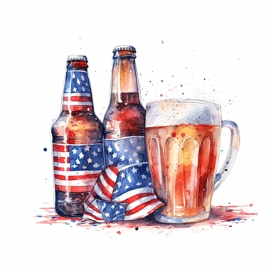 fireworks, shades of American flag, patriotic, beers, celebration, aquarelle, clip art illustartion