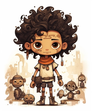 a clipart, white background, kawaii, happy, in curly black hair brown boy in Mayan city , earthy tones, hauntingly beautiful, Aztec folklore-inspired, Mesoamerica, muted earth tones, chicano-inspired, commission for, saturno butto, rubén maya,