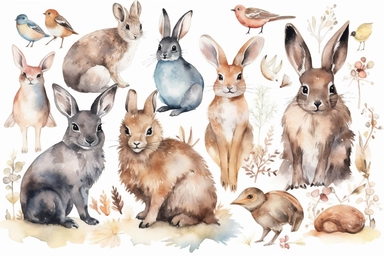 watercolor cute and friendly animals such as deer, rabbits, and birds that live in the forest clipart, HD, with white background, spaced out