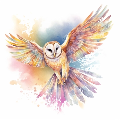 Using a watercolor clipart style, create a holographic barn owl in flight that exudes wonder and beauty. The owl should be painted in a style that is both realistic and whimsical, with a holographic effect that creates a spectrum of colors. The lighting should be natural, and the color palette should include a range of bright, bold, and pastel hues, such as pink, purple, blue, and green. The composition should capture the owl in mid-flight, wings outstretched, with a blurred and dreamy backgroun