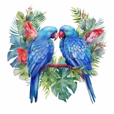 watercolor clipart, two blue Eclectus Parrots in love with tropical gardens, sweet hearts around, watercolor sublimation design, Sublimation Clipart, hyper realistic, intricate detail, illustration style, isolated on white background for removing background, Super-Resolution, Megapixel