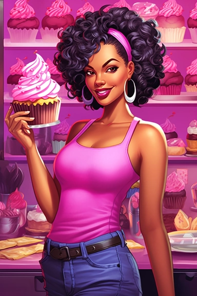 gorgeous sweet black woman, clipart, cartoon illustration, cupcake prodigy, christa mckenzie pose and head pose photos a new cupcake business website, in the style of vibrant pink & purple bakery backdrops, synthetism-inspired, pop cultural, 32k uhd, smilecore, embroidery art, bold curves
