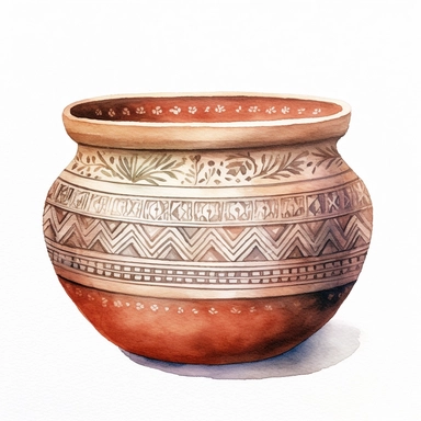 watercolor clipart of a beautiful patterned clay pot watercolor, neutral, muted colors, high quality, hyperrealistic, detailed, white background