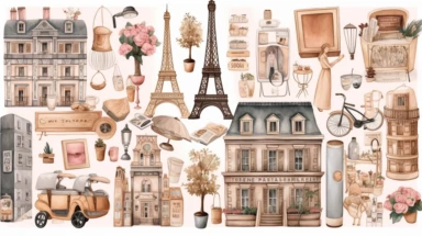 20 Digital stickers, sticker bundle, paris, city items, plain background, watercolor illustration, clipart, Beige, pink, grey, aesthetic, realistic, 8k,