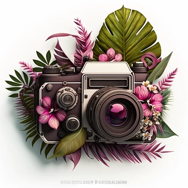 clipart of an old fashioned photo camera 1 photo lens only, surrounded by an intricate arrangement of dramatic extravagant digital 3D fushia tropical palm leaves, in the style of large-scale photography, lush detailing, cartoon style, playfully intricate, made of flowers, bloomcore, exotic ambiant, 8K, white background