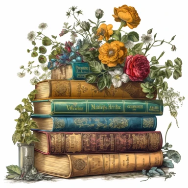 Clipart, vintage books, floral, hyper detailed, hyper realistic, marsh green/dark yellow, victorian era, watercolor, fantasy, amazing colour compilation, countrycore, romantic colors, white background,