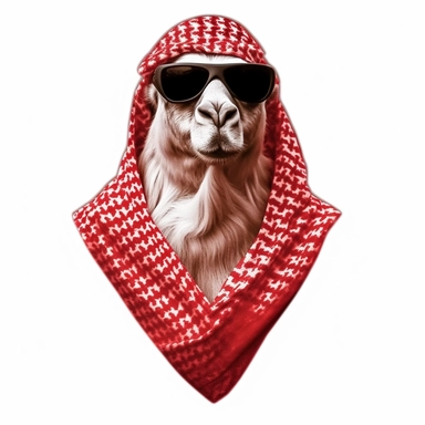 illustration camel wearing red and white Arabic shemagh, white background, cute, highly detailed, cinematic, realistic, clipart, digital art, for t-shirt, simple design, clean, funny, wearing sunglasess