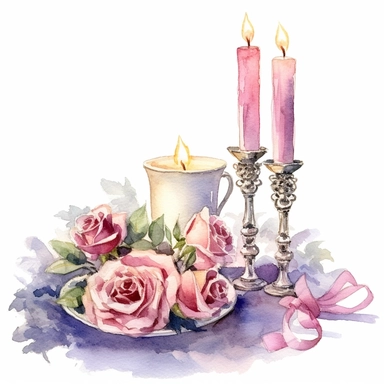 watercolor candletit dinner with scene romantic decorations such as scattered rose petals, delicate lace doilies, or decorative ribbons. These details can add a touch of elegance and charm to the clipart on white background