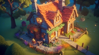Picture a charming little house inhabited by a friendly beast and a witcher, both exuding cuteness. The beast is a fluffy creature with big round eyes and a perpetual smile, while the witcher is a brave adventurer with a mischievous grin. Inside the house, colorful furniture and whimsical decorations create a playful and inviting atmosphere. Sunlight filters through the windows, casting warm rays of light on the scene. Clipart-style illustration with bold lines and vibrant colors,