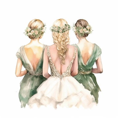 glamour dolce & gabbana half body back shot, watercolor white wedding dress bride wedding hairstyle with beautiful gold headpiece clipart, + two bridesmaids in green dress, hd, isolated on white background, spaced out ar 3:2