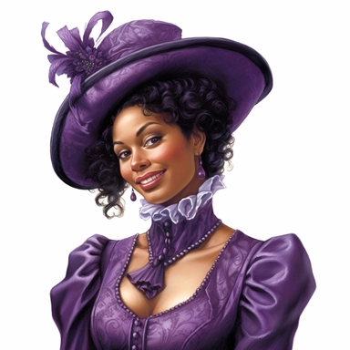 beautiful victorian black lady with black hair, looking left, victorian hairstyle, victorian hat, Victorian era clothing, beatiful smile, realistic inverted portrait white background, high quality, hyper-realistic, Victorian Lady Clipart,purple dress
