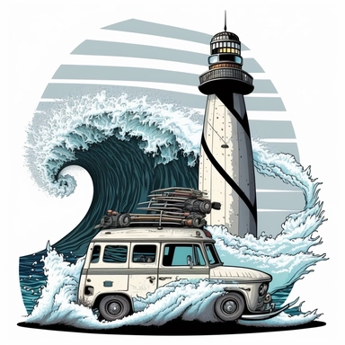 Visualize a scene of adventure: a van elegantly navigating through a misty wave, surfboards ready for thrilling rides, with a towering lighthouse shining its beacon in the distance, against a clean white backdrop, illustration style, white background, clipart, PNG pure white background, high resolution, hyper detailed, best quality, high detailed illustration