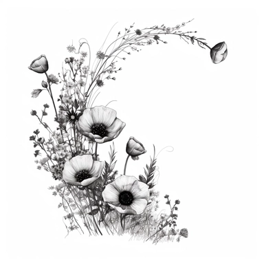 modern, minimalistic set of wildflowers in the shape of one giant L shape corner of the image frame, in the style of hand-drawing black and white on a clean white background, wedding clipart flowers