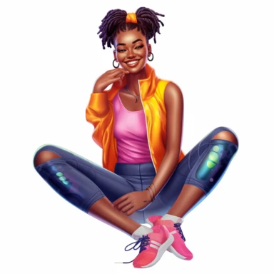 beautiful black teenage girl with beautiful pinned up hairstyle, dressed in bright colored fitness attire. Full perspective and, long shot A young black woman with full lips and a big beautiful smile, dressed in a jogger, has pinned up hairstyle and beautiful shapely legs, wearing sneakers, clipart in the style of digital airbrushing, feminine sticker art, dollcore, realistic face, realistic body, glamorous,