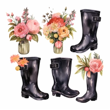 watercolor, Flowers in rubber wellies set. Floral branches, plants with gentle blooms, and leaves in gum boots. Gumboots with delicate summer bouquets png Full body realistic cartoon in 32K UHD cute. 15 cm thick outline. Black color. There was no shadow on the ground. 8k with realistic watercolors and detailed illustrations. PNG clipart, transparent white background