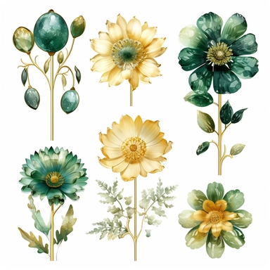 large gold and glass flowers with floral decorations, in the style of nature-inspired installations, delicate ink washes, emerald and golden, detailed miniatures, mosaics, organic texture, nature-inspired imagery, clipart set, white background