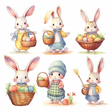 Watercolor easter eggs, illustrations clipart set, simple, soft colors, cartoon elements, different variants, easter elements, jumping bunnies, sitting bunnies ,rabbits, cute little girl, easter eggs in basket, separate elements with a margin