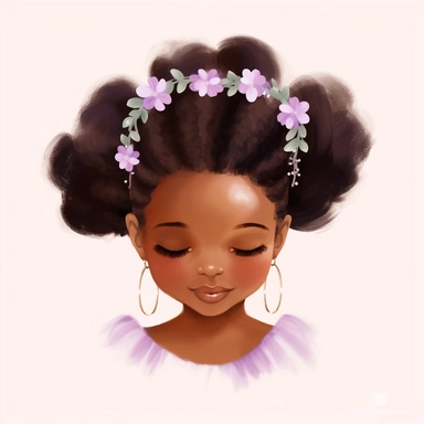 black toddler girl with flowery crown, smiling, lavender and purple colors flowers, 2 pigtails hairstyle, soft illustration, minimalist art, no eyes, no nose, no lips, faceless, purple tulle ruffle top, clipart