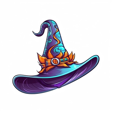 A spooky witch hat with a wide brim, tall with a curved point. The hat is adorned with a colorful band and a decorative buckle, giving it a touch of charm. White background, vector, cartoon clipart, contour.