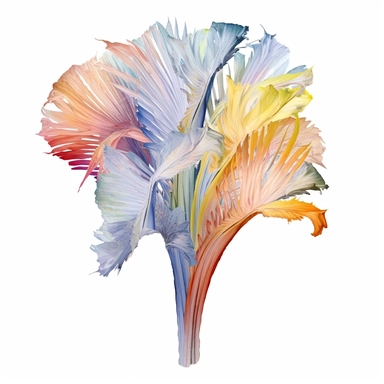 Design a dreamy watercolor clipart of a Bouquet of fan-shaped flowers such as bird of paradise, gladiolus, and anthuriums arranged in a striking and artistic arrangement composition, hand-painted with soft and graceful brushstrokes. Draw inspiration from