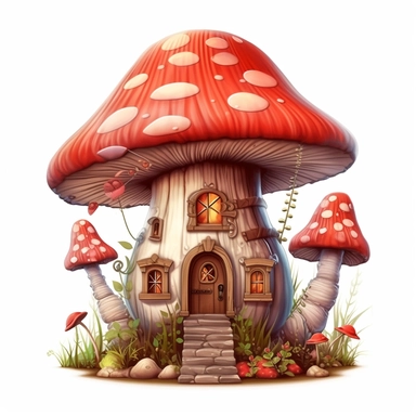 clipart, shades of red and brown fairy mushroom house isolated on a white background, intricate details, vector, pastel colors, realistic, 3D, no shadows