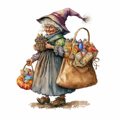 la befana the Italian christmas witch, bag of toys, sweets, folklore, watercolor, white background, clipart
