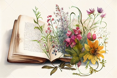 an old bible damaged by time and a bouquet of wildflowers laying next tothe bible, watercolor pastel color clipart, soft light, white background