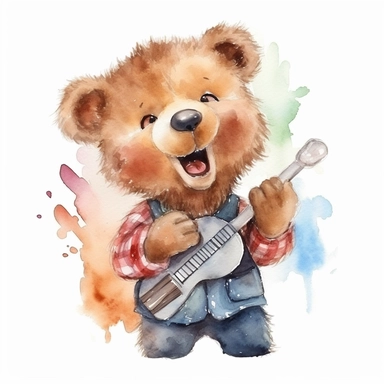 watercolor , character cute singer baby teddy bear, clipart, vector, on white background, 8k
