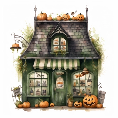 vector watercolor cute vintage tiny Halloween store with Halloween style decor clipart on white background, green color scheme, fall, tiny Halloween shop, photorealistic, ultrarealistic, no background, on white